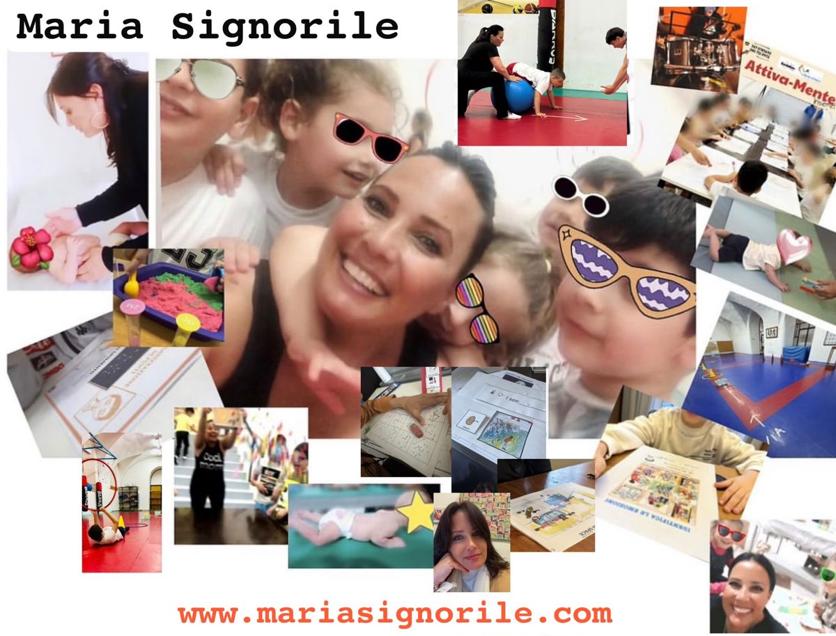 Collage of Maria Signorile working with children in Italy and California
